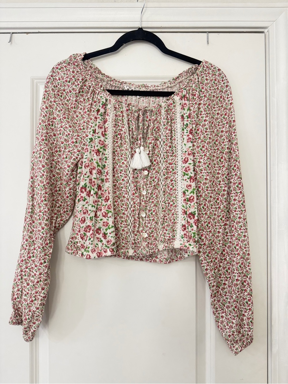 Floral Peasant Blouse with Tassel Tie - Pink Floral cute floral dainty boho chic